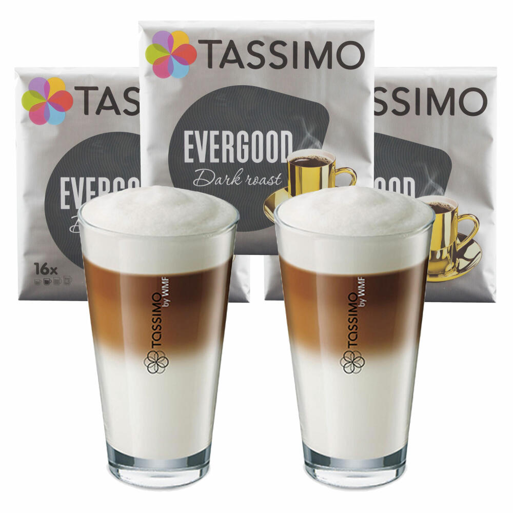 Tassimo Evergood Dark Roast Gift Set with Glass, 5-piece, Coffee, Ground Roasted Coffee, Coffee Capsule, T-Disc