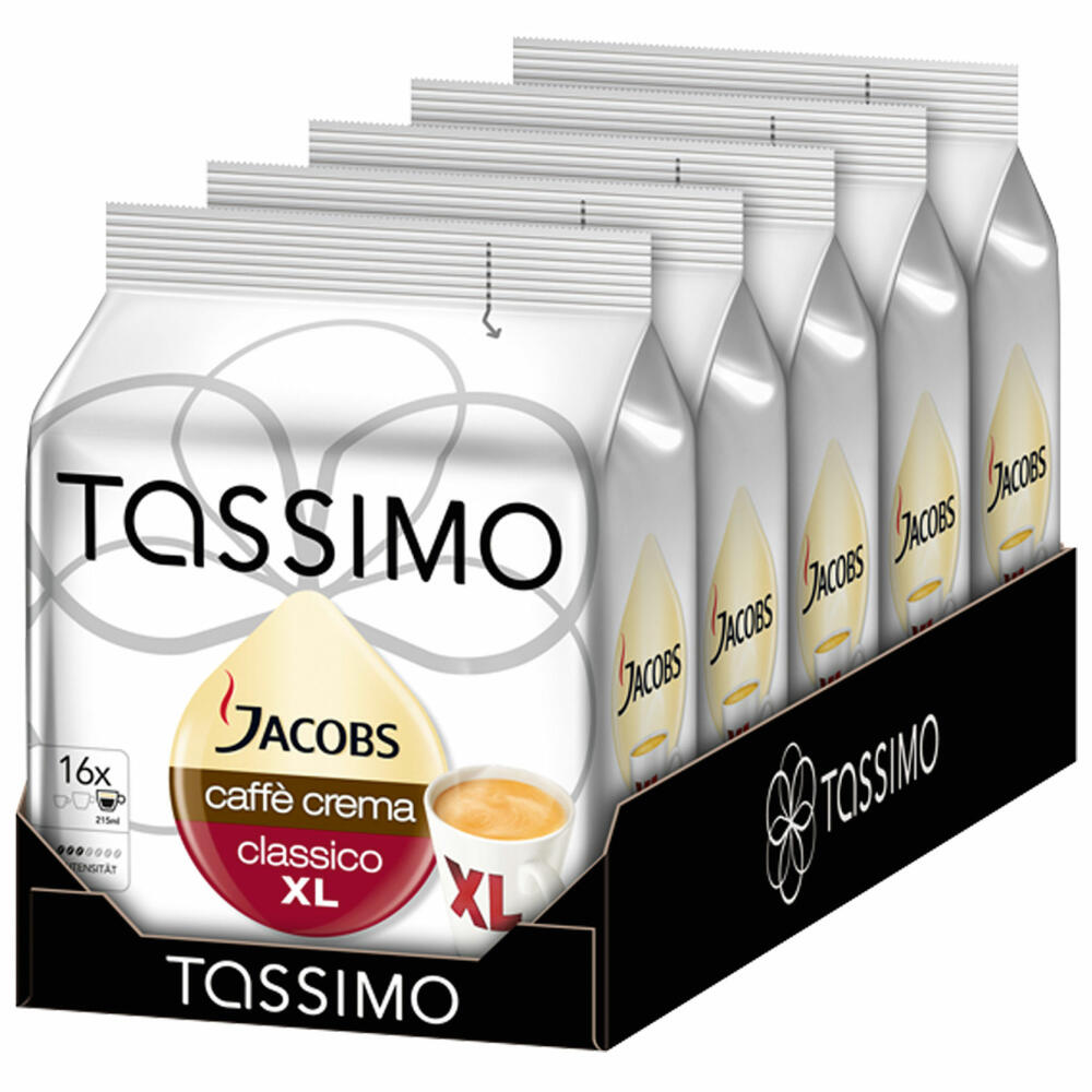 Tassimo Jacobs Caffè Crema Classico XL Kaffee Kaffeekapsel gemahlener Röstkaffee 5er Pack 5 x 16 T-Discs