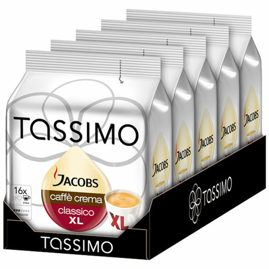 Tassimo Jacobs Caffè Crema Classico XL, coffee, coffee capsule, ground roasted coffee, pack of 5, 5 x 16 T-Discs