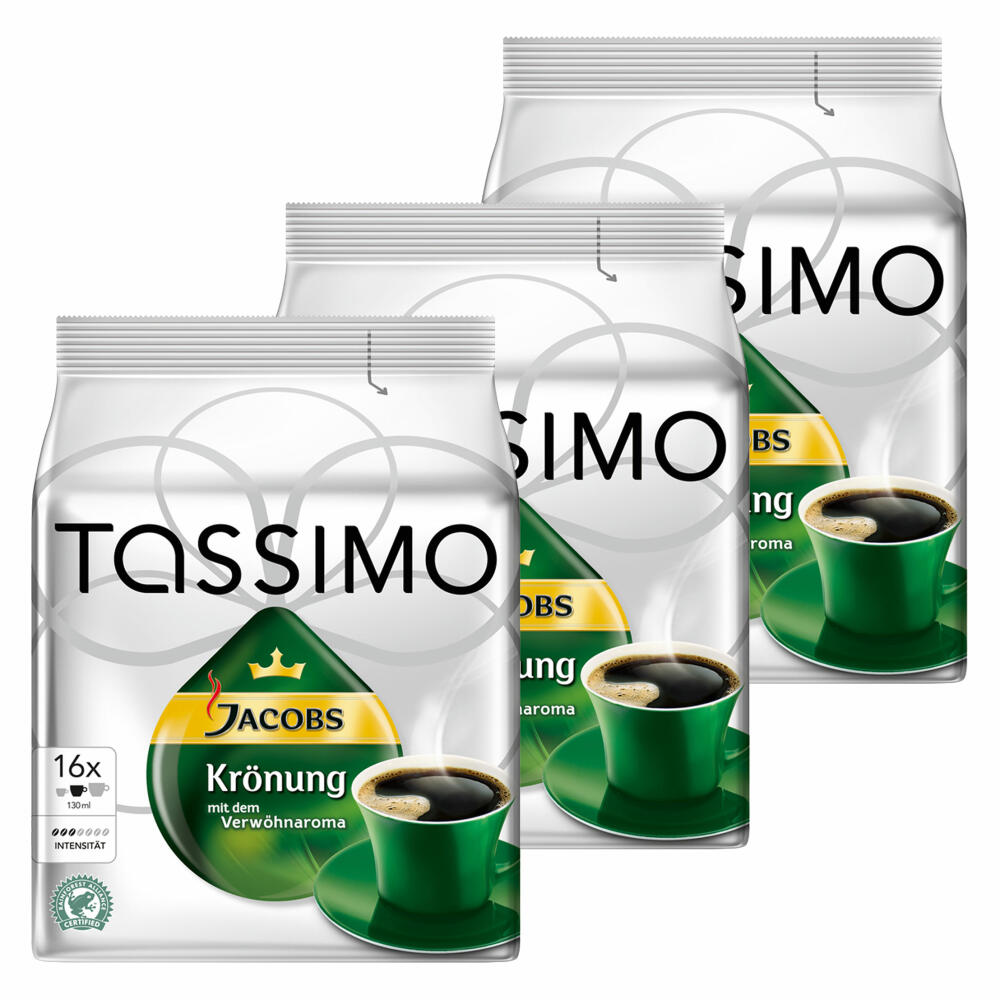 Tassimo Jacobs Krönung, Kaffee, Arabica, Kaffeekapsel, gemahlener Röstkaffee, 3er Pack, 3 x 16 T-Discs