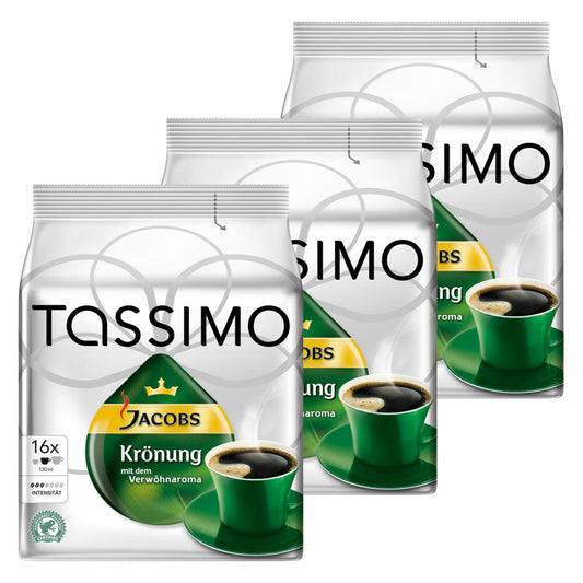 Tassimo Jacobs Krönung, Kaffee, Arabica, Kaffeekapsel, gemahlener Röstkaffee, 3er Pack, 3 x 16 T-Discs