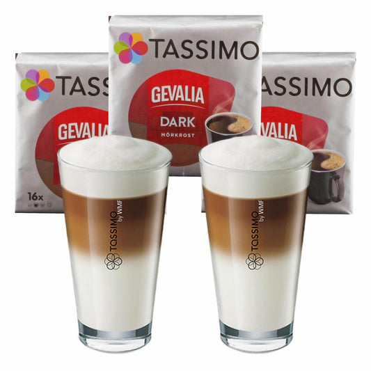 Tassimo Gevalia Dark Geschenkset mit Glas, 5-tlg, Kaffee, Arabica, Kaffeekapsel, gemahlener Röstkaffee