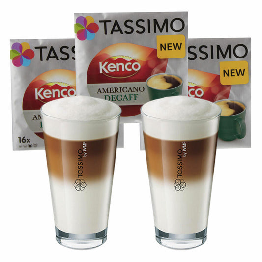 Tassimo Kenco Americano Decaff Geschenkset mit Glas, 5-tlg, Kaffee, Kaffeekapsel, Gemahlener Röstkaffee