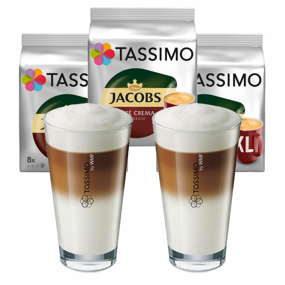 Tassimo Jacobs Caffè Crema Classico XL Geschenkset mit Glas, 5-tlg., Kaffee, Kaffeekapsel, gemahlener Röstkaffee, T-Discs