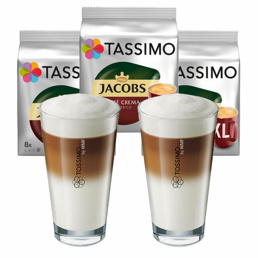 Tassimo Jacobs Caffè Crema Classico XL gift set with glass, 5 pcs., coffee, coffee capsule, ground roasted coffee, T-Discs