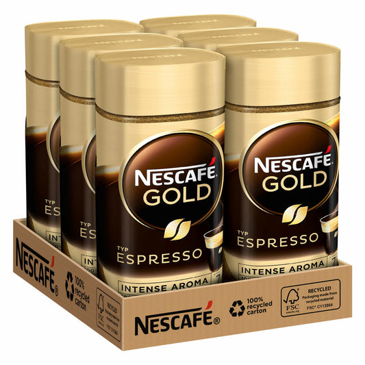 Nescafé Gold Typ Espresso 6er Set, löslicher Bohnenkaffee, Kaffee, gemahlener Röstkaffee, Glas, 6 x 100 g