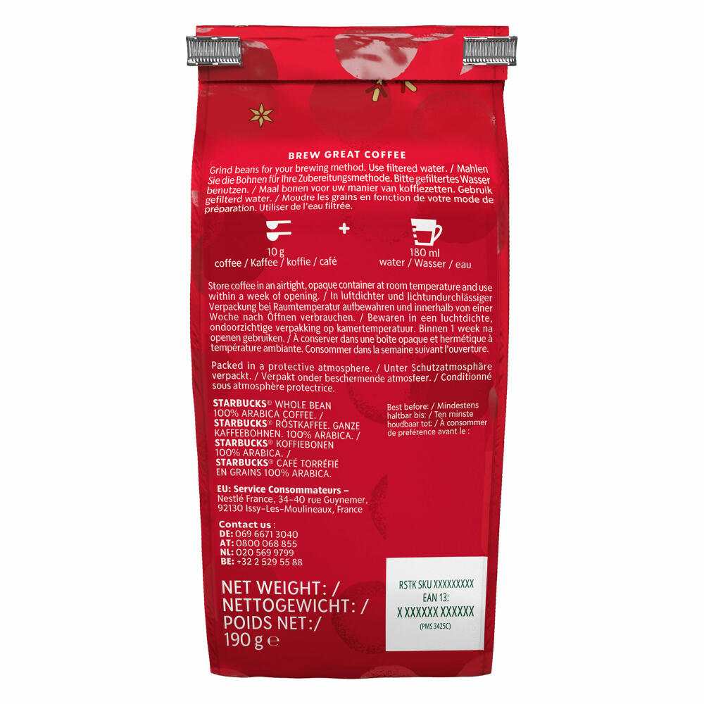 Starbucks Holiday Blend Ganze Bohnen, Kaffeebohnen, Bohnenkaffee, Kaffee, Röstkaffee, 6 x 190 g