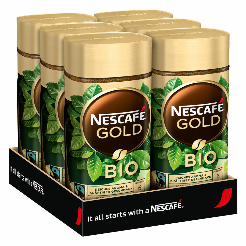 Nescafé Gold Bio 6er Set, löslicher Bohnenkaffee, Kaffee, gemahlener Röstkaffee, Glas, 6 x 100 g