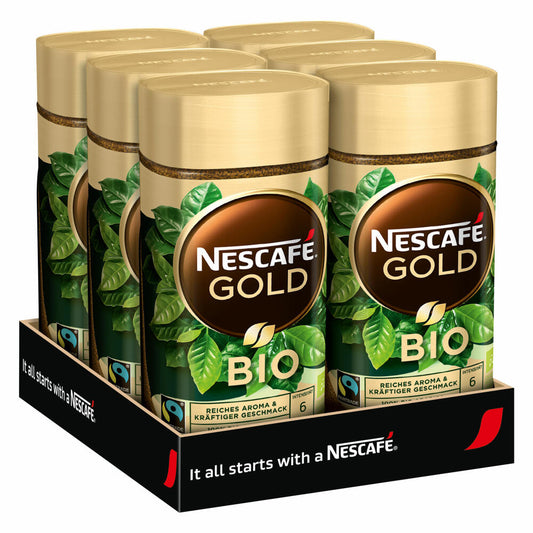 Nescafé Gold Organic Set of 6, Instant Bean Coffee, Coffee, Ground Roasted Coffee, Glass, 6 x 100 g