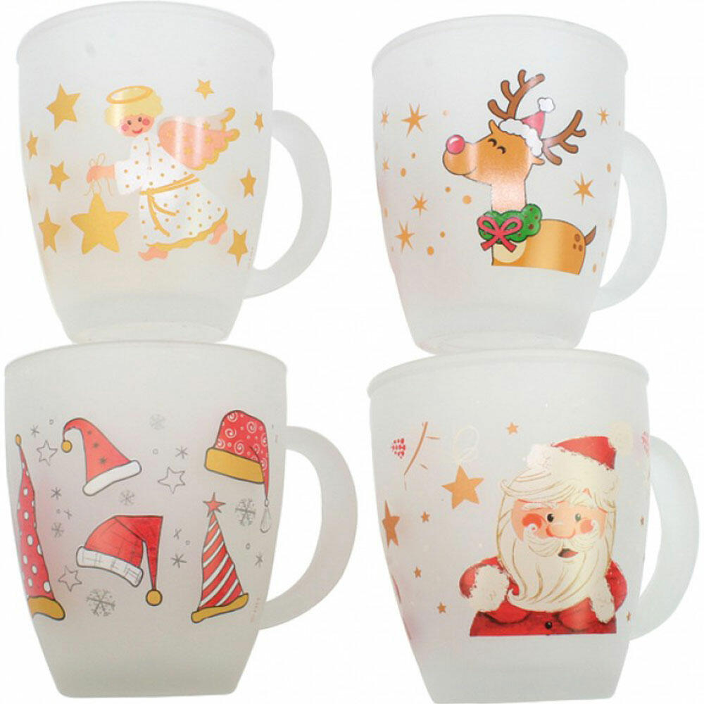 Glasbecher XL, 4er Set, Weihnachtstasse, Weihnachten, Kaffeetasse, Kaffeebecher, Glas, Matt, 300 ml, 55514