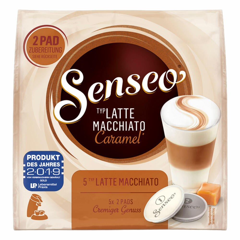 Senseo coffee pads Latte Macchiato Caramel, caramel flavor, cappuccino, coffee pad, relaunch, new design, 20 pads for 10 servings