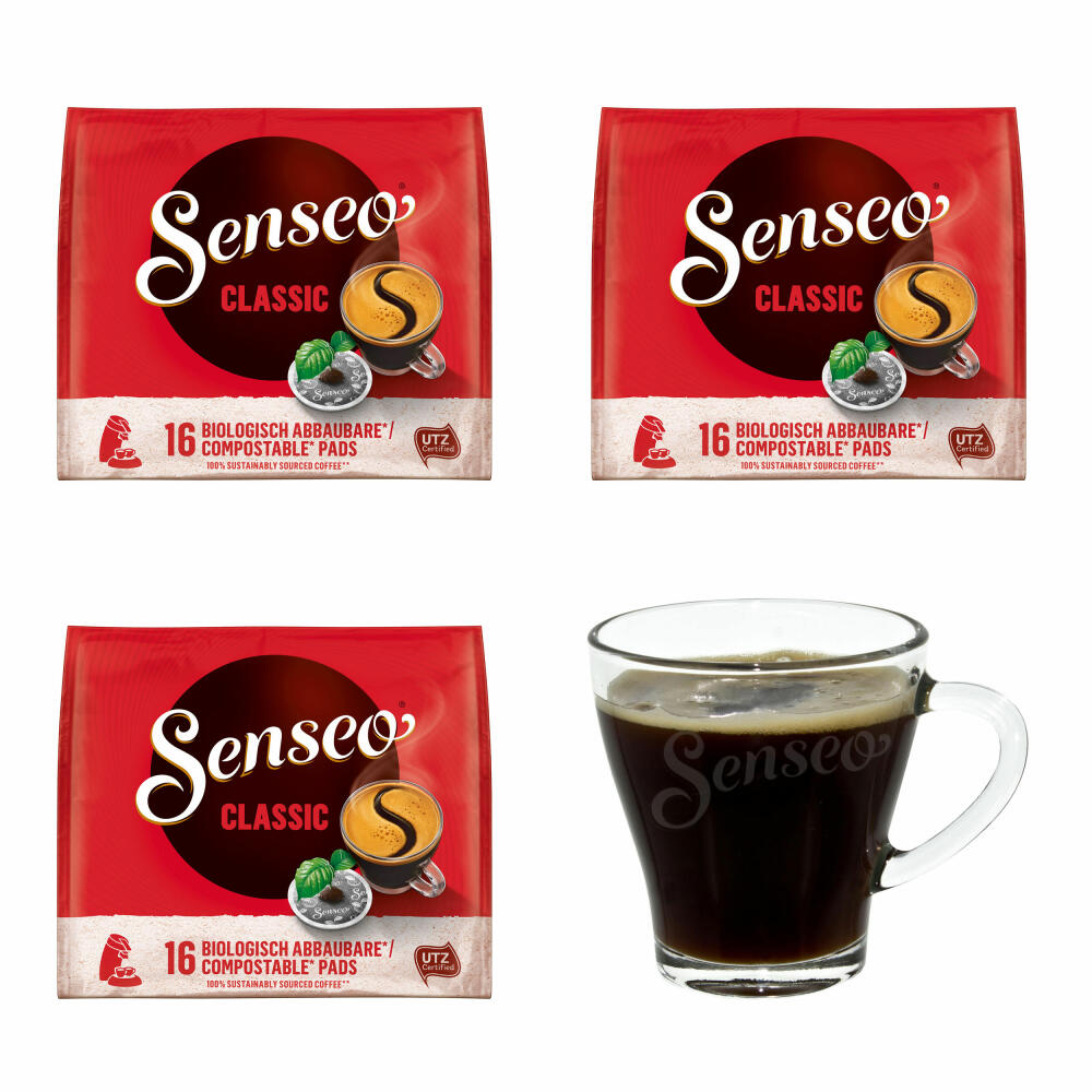 Senseo Coffee Pads Classic / Classic, Pack of 3, Intense &amp; Full-Bodied Taste, Coffee, 16 Pads Each, with Cup