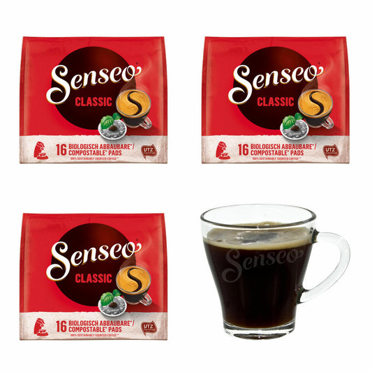 Senseo Kaffeepads Klassisch / Classic, 3er Pack, Intensiver & Vollmundiger Geschmack, Kaffee, je 16 Pads, mit Tasse