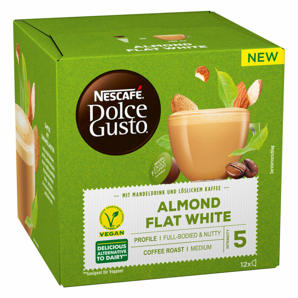 Nescafé Dolce Gusto Mandel Flat White 3er Set, Almond, Mandeldrinkzubereitung mit Kaffee, Milchkaffee, 3x12 Kapseln / Portionen