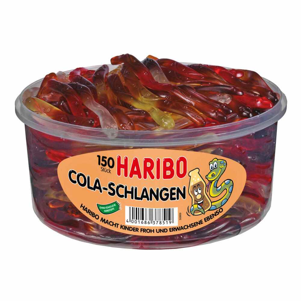 Haribo Cola Snakes, Gummy Bears, Wine Gum, Fruit Gum, 150 Pieces, 1050g Can