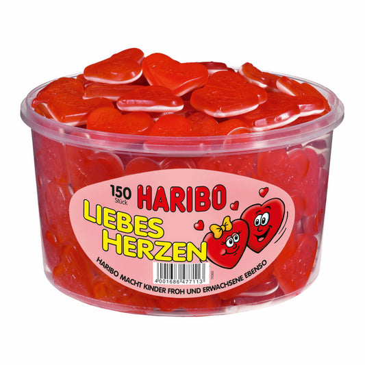 Haribo Liebesherzen, Gummibärchen, Weingummi, Fruchtgummi, 150 Stück, 1200g Dose