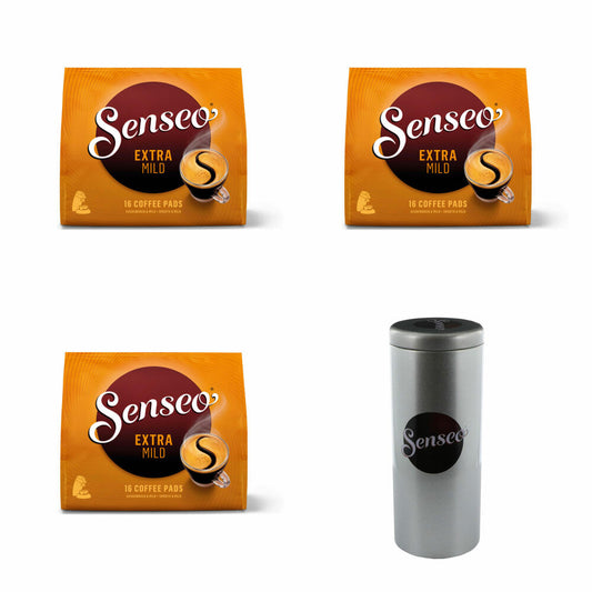 Senseo Coffee Pads Premium Set Extra Mild, Round &amp; Aromatic, Pack of 3, Coffee Pads, 16 Pads each, with Pad Container