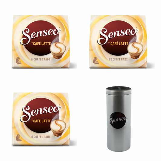 Senseo coffee pads Premium Set Café Latte, pack of 3, aromatic coffee with a creamy milky taste, milk coffee, 8 pads each, with pad container