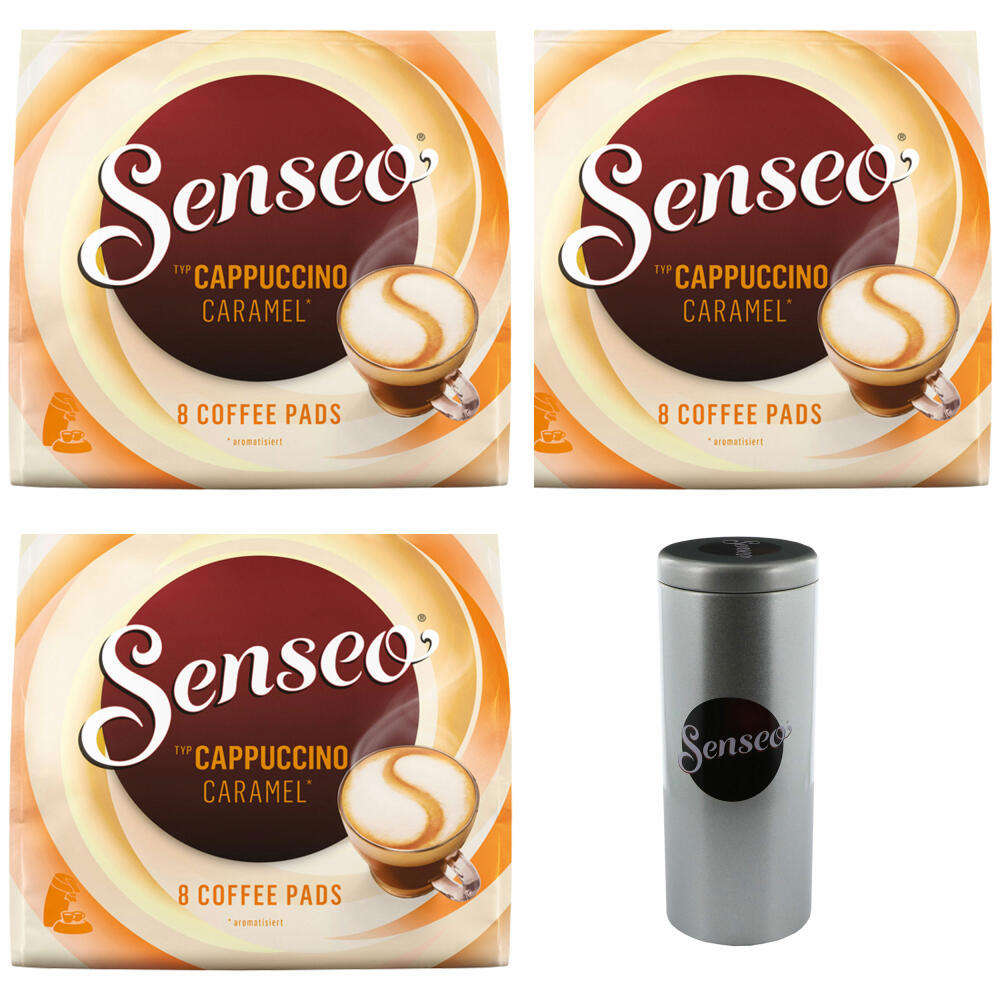 Senseo Kaffeepads Premium Set Cappuccino Caramel / Karamell, 3er Pack, Kaffee mit Karamellgeschmack, je 8 Pads, mit Paddose