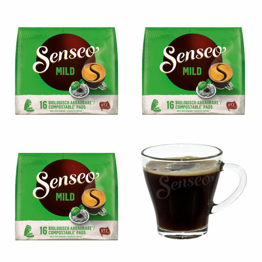 Senseo Kaffeepads Mild, 3er Pack, Feiner und Samtweicher Geschmack, Kaffee, je 16 Pads, mit Tasse