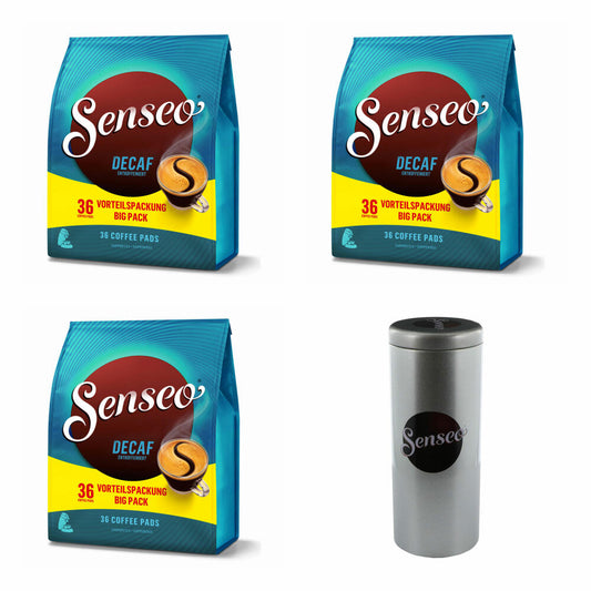 Senseo Kaffeepads Entkoffeiniert / Decaf, Reiches Aroma, Intensiv & Ausgewogen, Kaffee für Kaffepadmaschinen, 108 Pads, mit Paddose