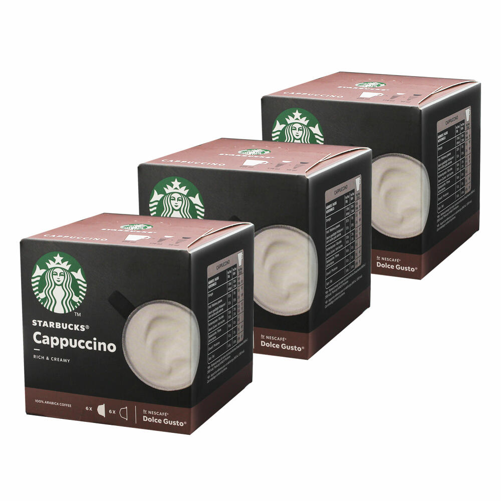 Nescafé Dolce Gusto Starbucks Cappuccino, 3er Set, Kaffeegetränk, Kaffee, Cremig, Kaffeekapsel, Röstkaffee, 3 x 12 Kapseln