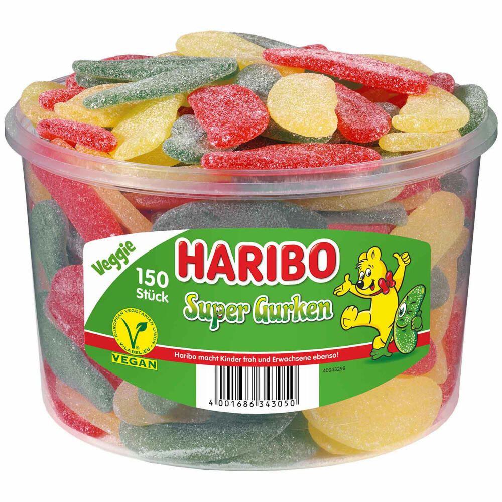 Haribo Super Gurken Veggie, Gummibärchen, Weingummi, Fruchtgummi, 150 Stück, 1350g Dose