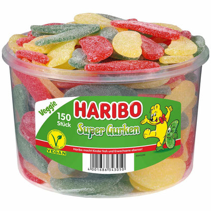 Haribo Super Gurken Veggie, Gummibärchen, Weingummi, Fruchtgummi, 150 Stück, 1350g Dose