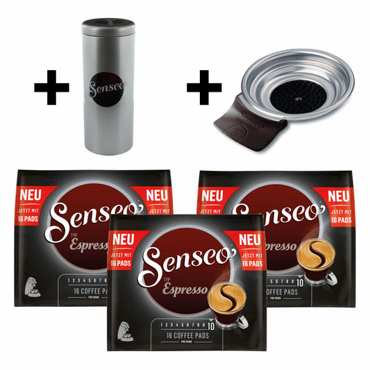 Senseo Typ Espresso Kaffeepads, Röstkaffee, Kaffee, 3 x 16 Pads, mit Padhalter und Paddose