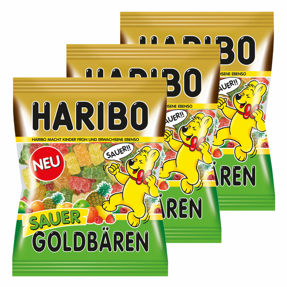 Haribo Sauer Goldbären, 3er Pack, Saures Gummibärchen Sauer, Weingummi, Fruchtgummi Sauer, Im Beutel, Tüte