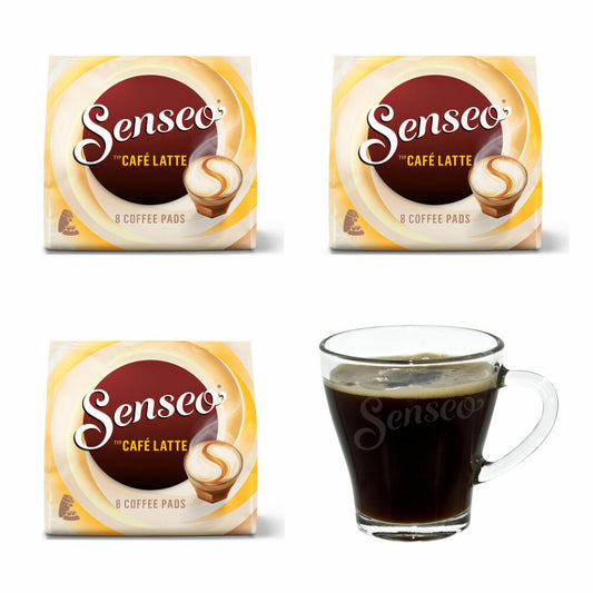 Senseo coffee pads Café Latte, pack of 3, aromatic coffee with creamy milky taste, milk coffee, 8 pads each, with cup