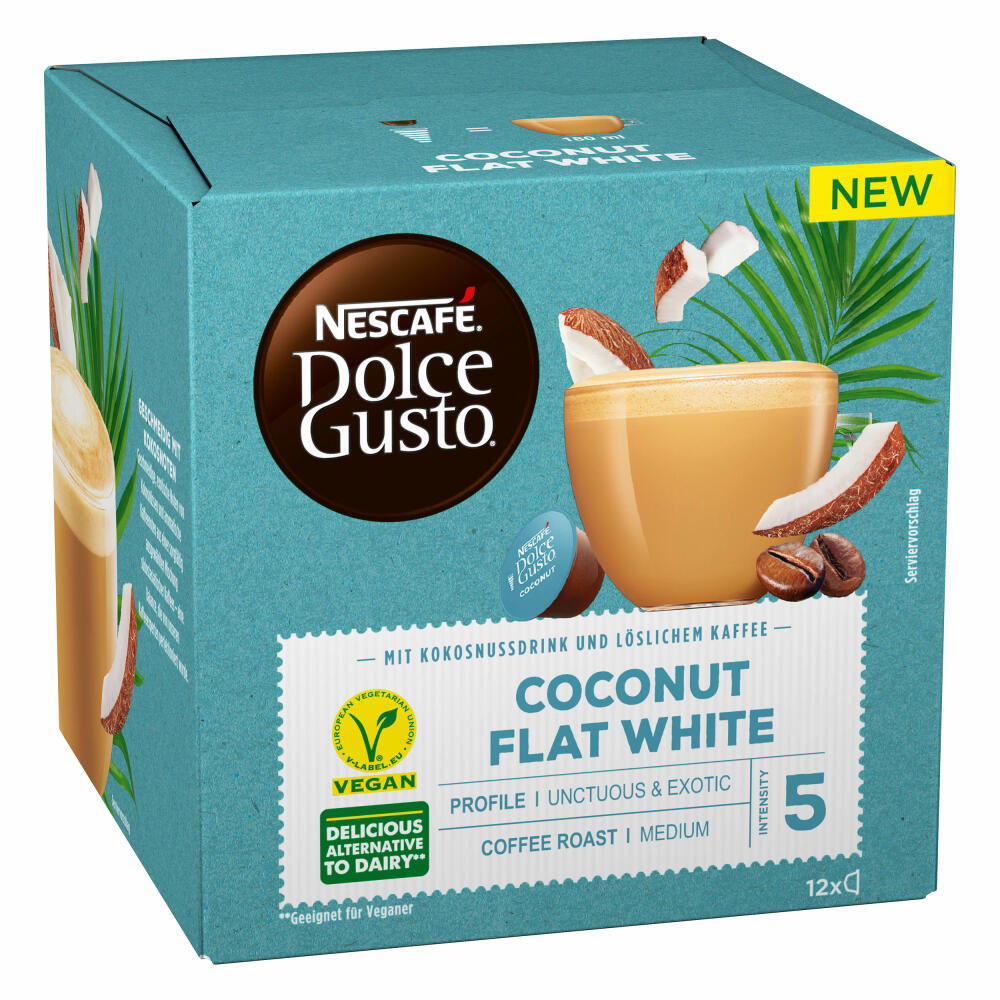 Nescafé Dolce Gusto Coconut Flat White, Kokosnussdrink mit Kaffee, Milchkaffee, 12 Kapseln / Portionen