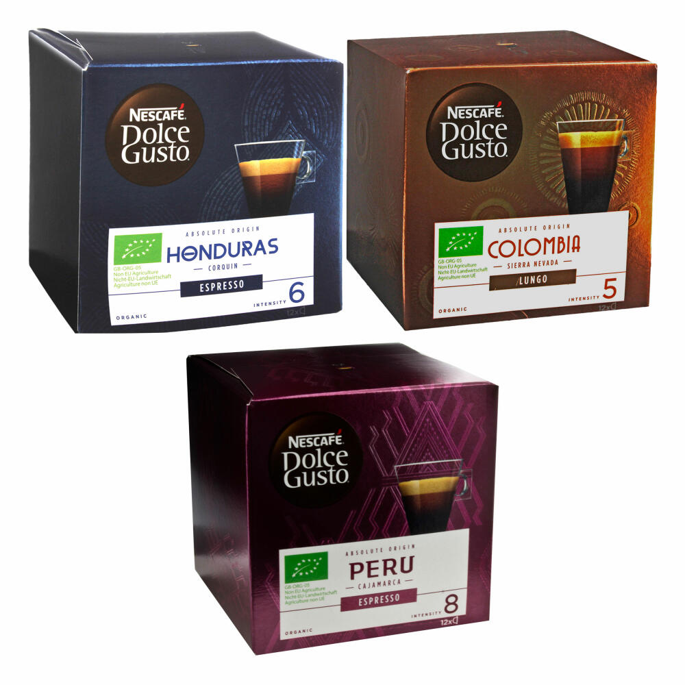 Nescafé Dolce Gusto Absolute Origin Latin Sets, Columbia, Honduras,Peru Espresso, Kaffee Kapsel, Kaffeekapsel, Röstkaffee, Bio, 36 Kapseln