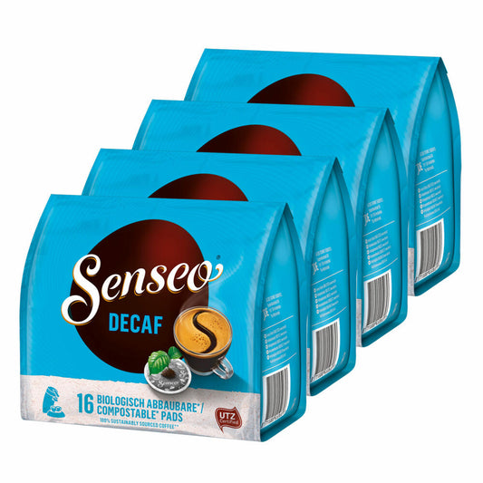 Senseo Coffee Pads Decaffeinated / Decaf, Rich Aroma, Intense &amp; Balanced, Coffee, New Design, Pack of 4, 4 x 16 Pads