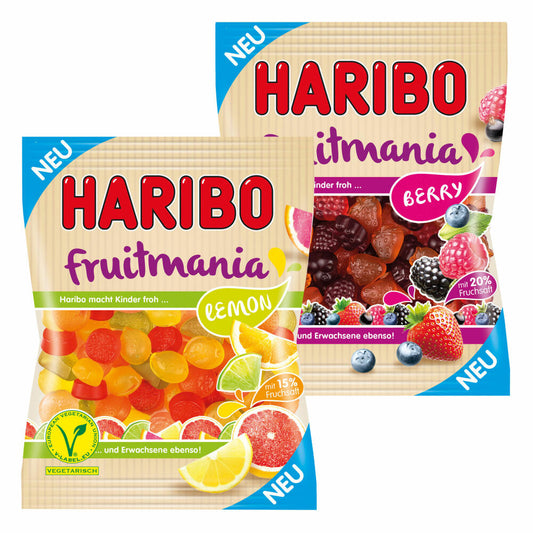 Haribo Fruitmania 2er Set, Lemon, Berry, mit Fruchtsaft, Gummibärchen, Weingummi, Fruchtgummi, im Beutel