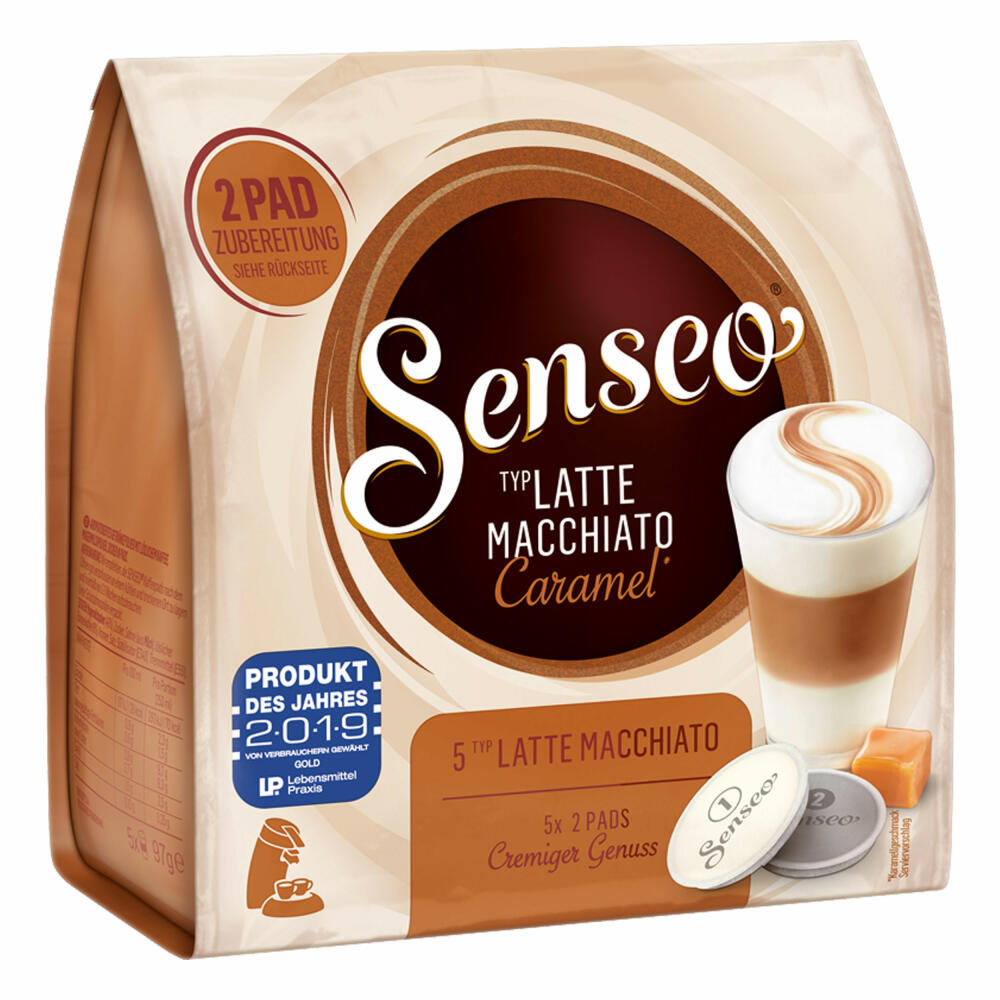 Senseo coffee pads Latte Macchiato Caramel, caramel flavor, cappuccino, coffee pad, relaunch, new design, 50 pads for 25 servings