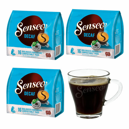 Senseo Coffee Pads Decaffeinated / Decaf, Pack of 3, Rich Aroma, Intense &amp; Balanced, Coffee, 16 Pads Each, with Cup