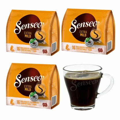 Senseo Kaffeepads Extra Mild, Rund & Aromatisch, 3er Pack, Kaffee Pads, je 16 Pads, mit Tasse