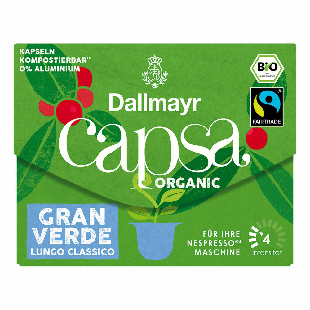 Dallmayr Capsa Gran Verde Lungo Classico, Nespresso compatible capsule, Organic, coffee capsule, espresso capsule, 10 capsules, 56 g