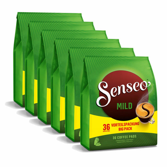 Senseo Coffee Pads Mild Roast, Fine and Velvety Taste, Coffee, New Design, Pack of 6, 6 x 36 Pads