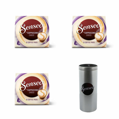 Senseo coffee pads Premium Set Cappuccino Choco, pack of 3, coffee with chocolate flavour, 8 pads each, with pad container