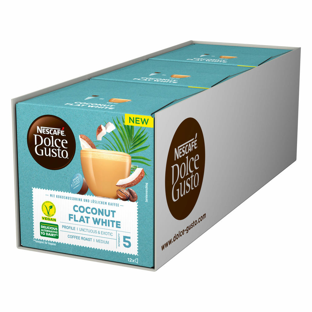 Nescafé Dolce Gusto Coconut Flat White 3er Set, Kokosnussdrink mit Kaffee, Milchkaffee, 3x12 Kapseln / Portionen