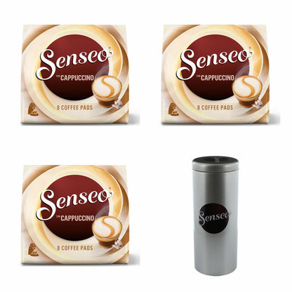 Senseo Coffee Pads Premium Set Cappuccino, pack of 3, milk foam classic, coffee, 8 pads each, with pad container