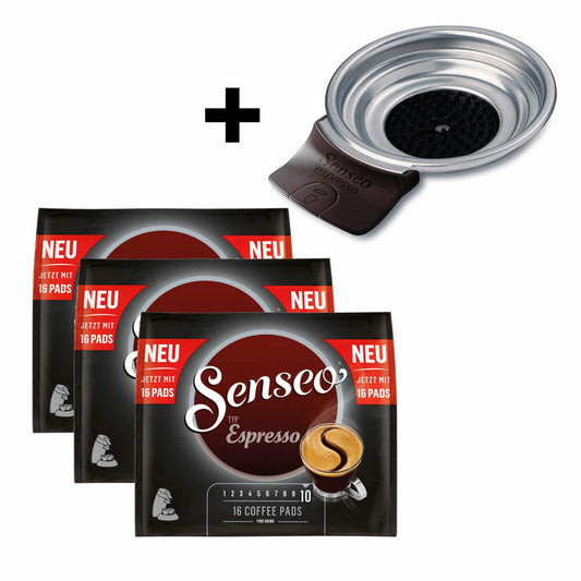 Senseo Typ Espresso Kaffeepads, Röstkaffee, Kaffee, 3 x 16 Pads, mit Padhalter HD7003