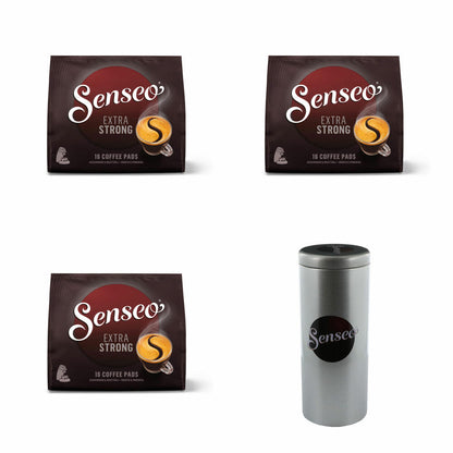 Senseo Coffee Pads Premium Set Extra Strong, Pack of 3, Intense and Full-Bodied Taste, Coffee, 16 Pads Each, with Pad Container