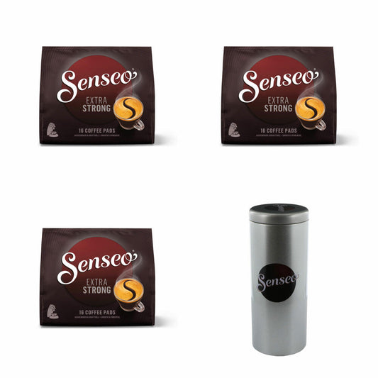 Senseo Coffee Pads Premium Set Extra Strong, Pack of 3, Intense and Full-Bodied Taste, Coffee, 16 Pads Each, with Pad Container