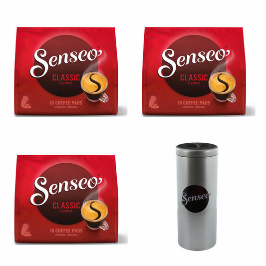 Senseo Coffee Pads Premium Set Classic / Classic, Pack of 3, Intense &amp; Full-Bodied Taste, Coffee, 16 Pads Each, with Pad Container