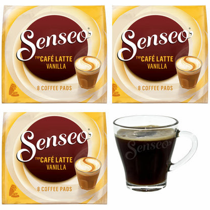 Senseo Kaffeepads Café Latte Vanilla, 3er Pack, Vanille Milchkaffee, Milch Kaffee Pad, je 8 Pads, mit Tasse