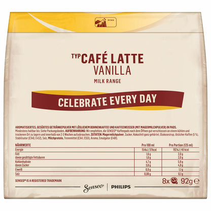 Senseo coffee pads Café Latte Vanilla, vanilla milk coffee, milk coffee pad, 8 pads