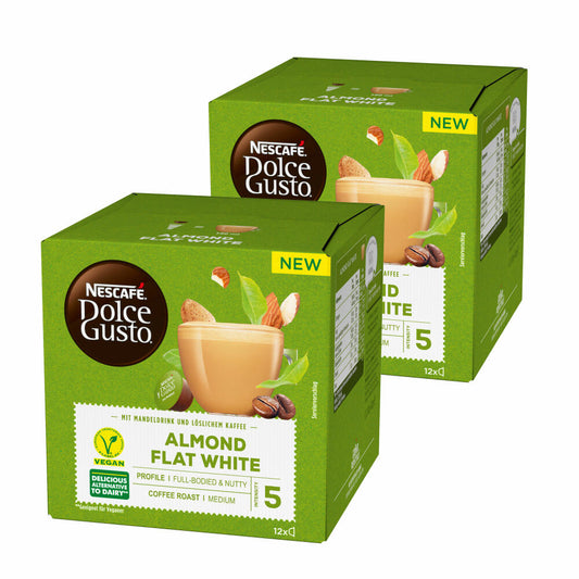 Nescafé Dolce Gusto Mandel Flat White 2er Set, Almond, Mandeldrinkzubereitung mit Kaffee, Milchkaffee, 2x12 Kapseln / Portionen